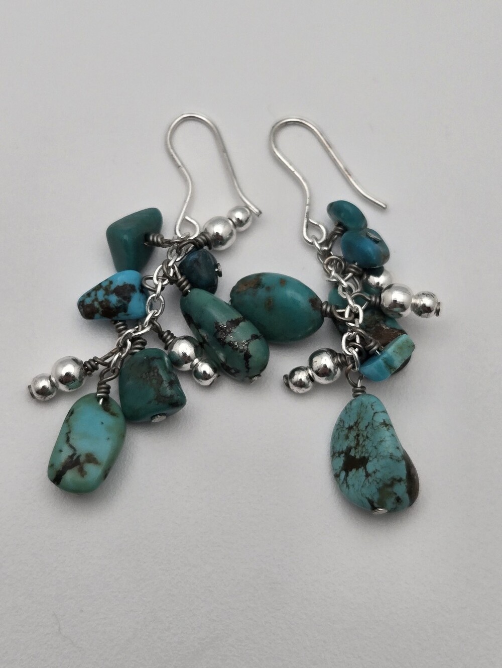 Sterling Silver Turquoise Nugget Dangle Earrings Cluster Bead Drop 2”